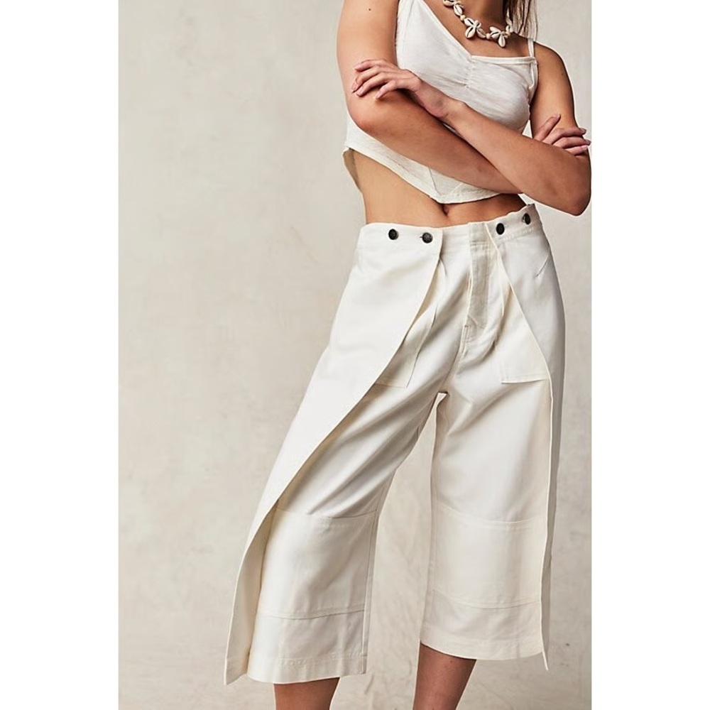 Free People Cream Wide-Leg Cropped Wrap Pants